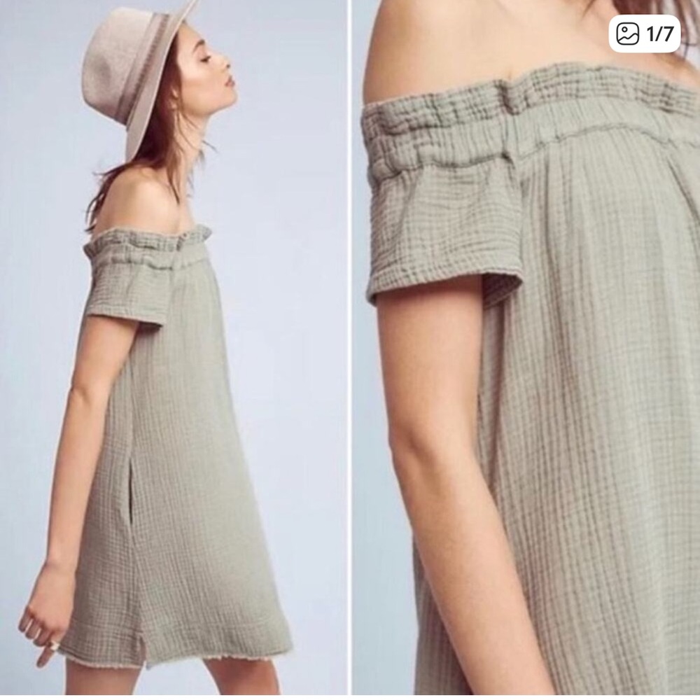 Anthropologie Amadi Dress S Nola Gauze Cotton Sage Green Off Shoulder NWT